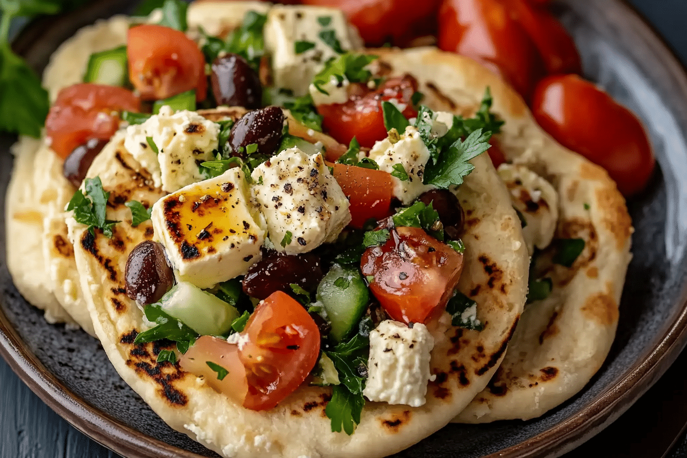 Greek Salad Naan Bites with Hummus