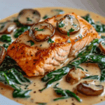Garlic Butter Salmon with Spinach & Mushrooms in Creamy Sauce