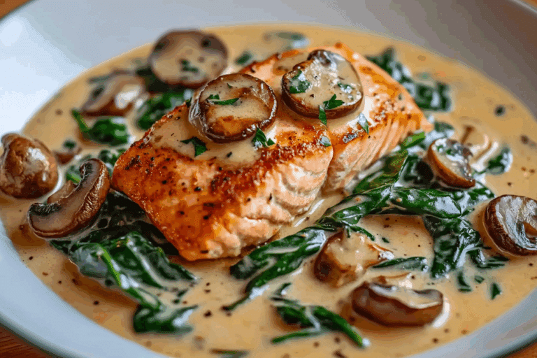 Garlic Butter Salmon with Spinach & Mushrooms in Creamy Sauce