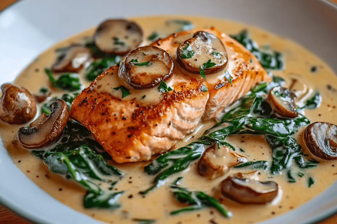 Garlic Butter Salmon with Spinach & Mushrooms in Creamy Sauce