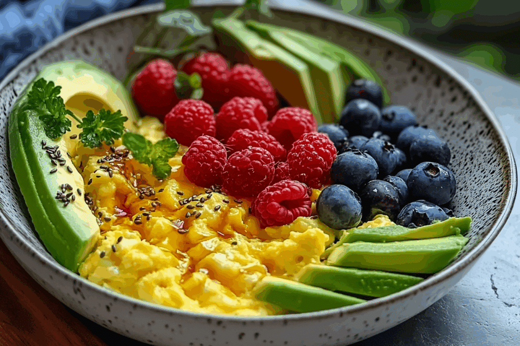 Power Breakfast Bowl with Scrambled Eggs Avocado & Berries
