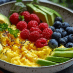 Power Breakfast Bowl with Scrambled Eggs Avocado & Berries
