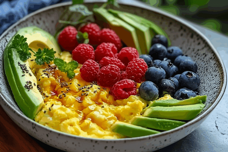 Power Breakfast Bowl with Scrambled Eggs Avocado & Berries