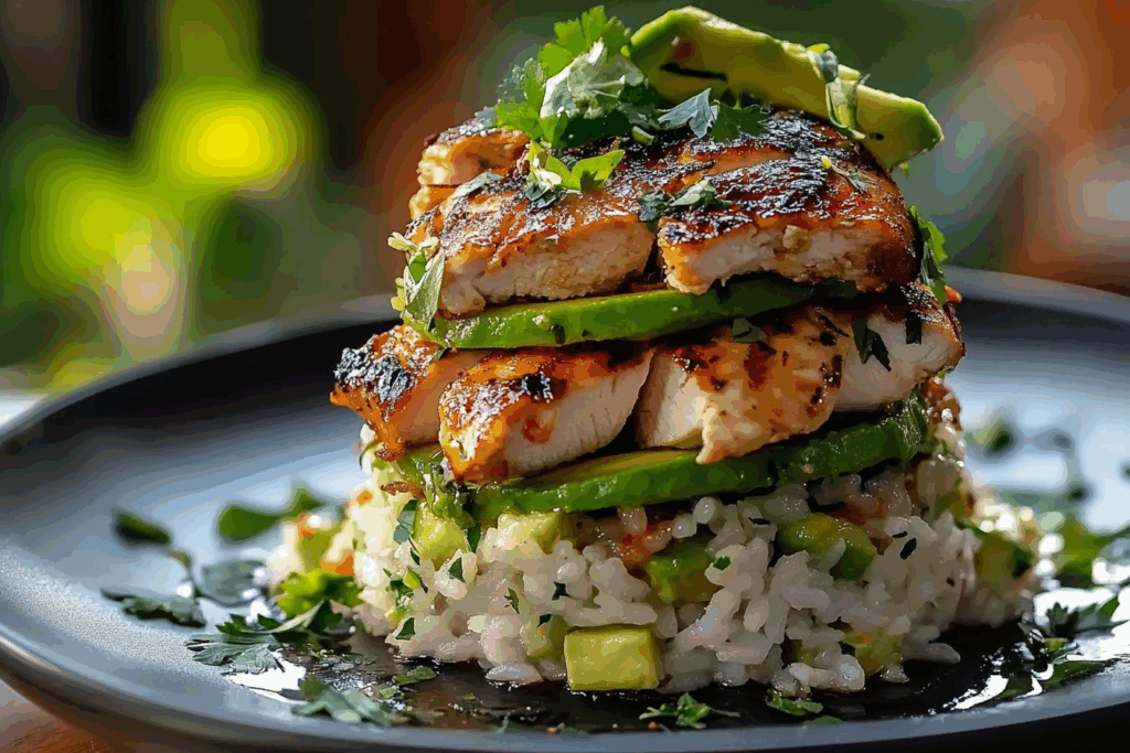 Honey Lime Chicken and Avocado Rice Stack