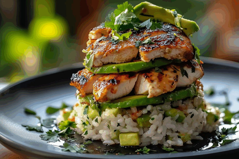 Honey Lime Chicken and Avocado Rice Stack