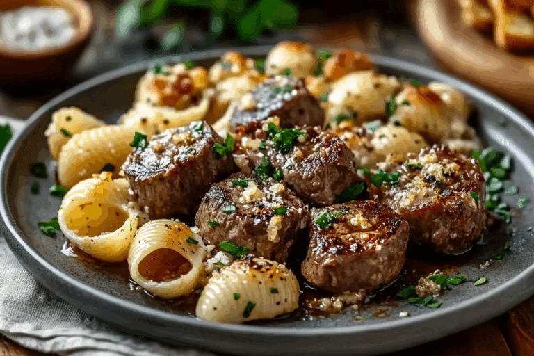Garlic Butter Steak Bites & Creamy Parmesan Shells