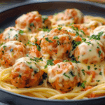 Holiday Seafood Spaghetti + Salmon Meatballs – Creamy White Sauce