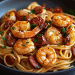 Spaghetti with Pepper Cream, Chorizo & Shrimp