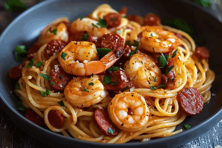 Spaghetti with Pepper Cream, Chorizo & Shrimp