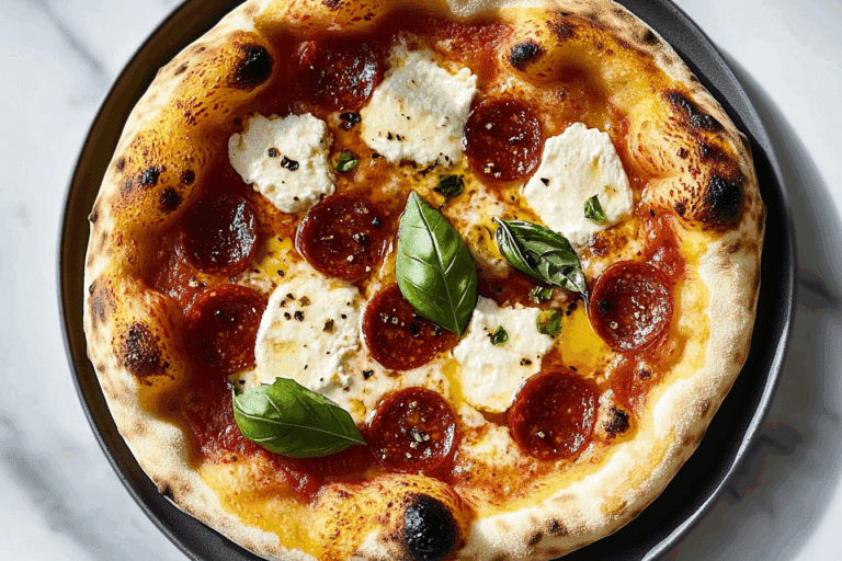 Goat Cheese and Soppressata Pizza with Calabrian Chile Hot Honey and Basil