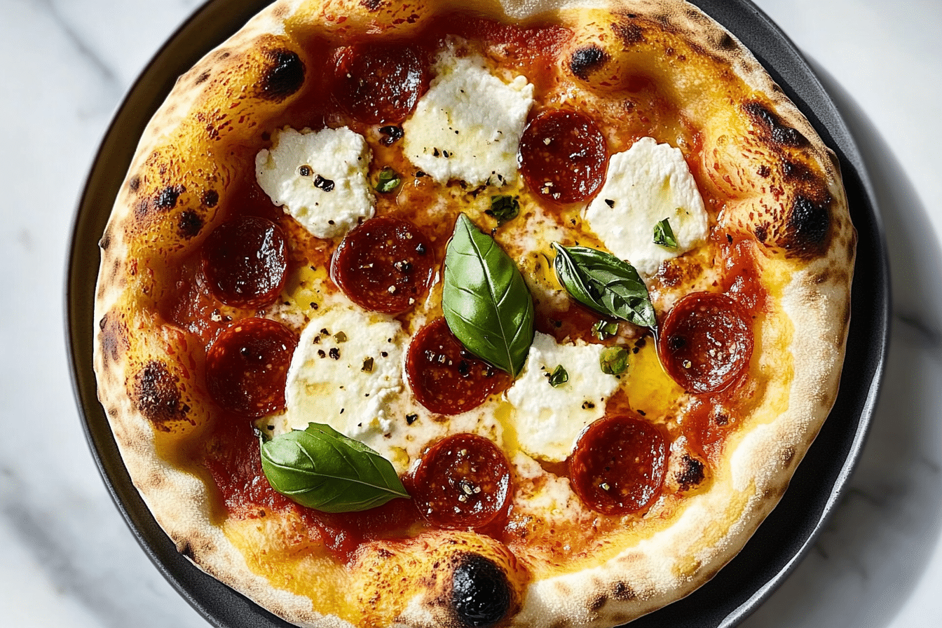 Goat Cheese and Soppressata Pizza with Calabrian Chile Hot Honey and Basil