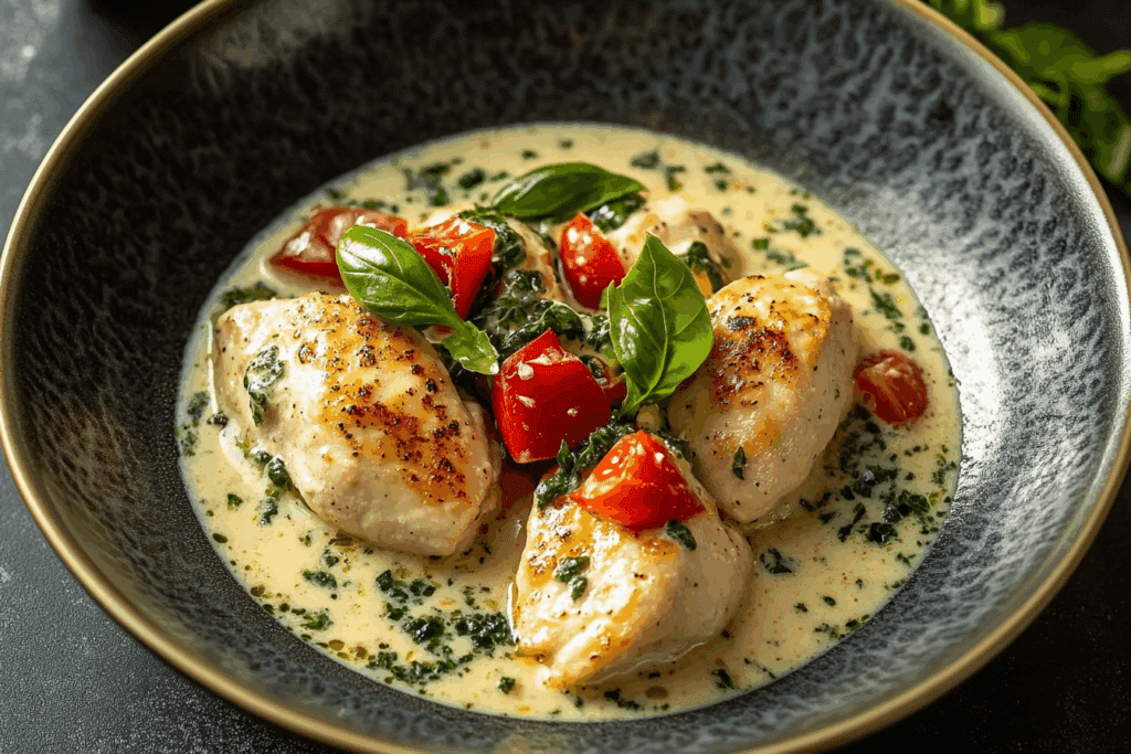 Mozzarella Chicken in Basil Cream Sauce