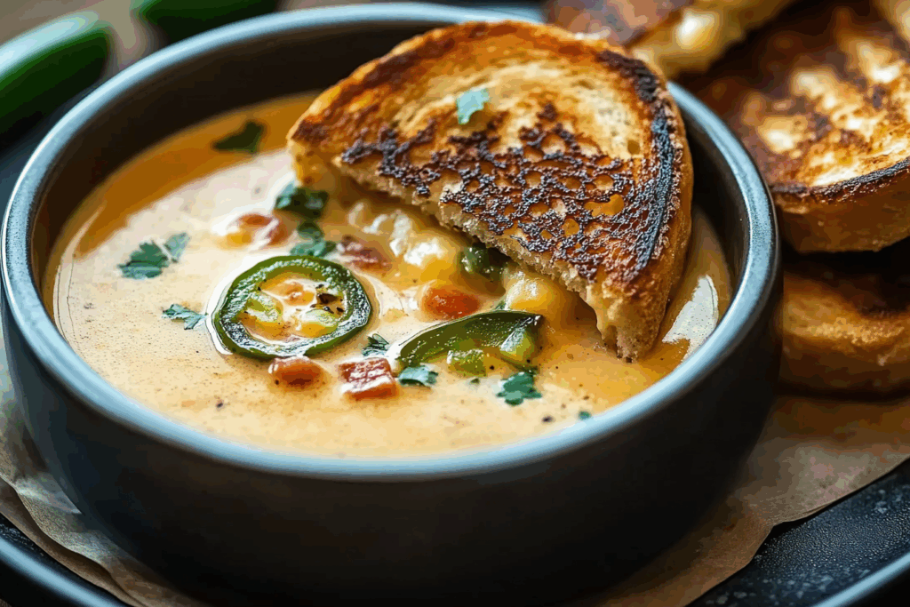 Spicy Jalapeño Popper Soup with Grilled Cheese Dippers