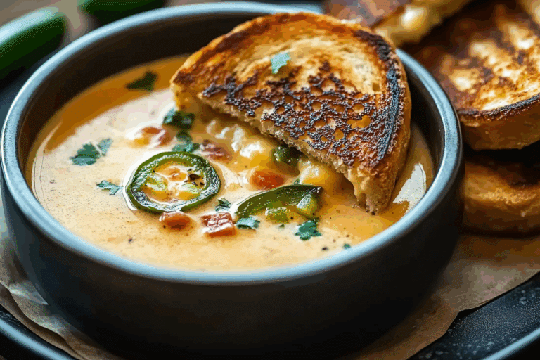 Spicy Jalapeño Popper Soup with Grilled Cheese Dippers