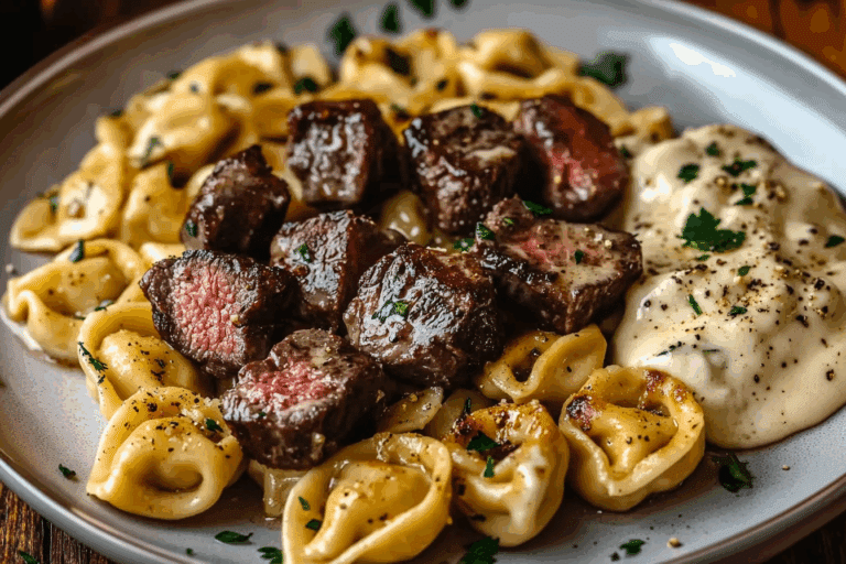 Garlic Butter Steak Bites & Creamy Alfredo Tortellini