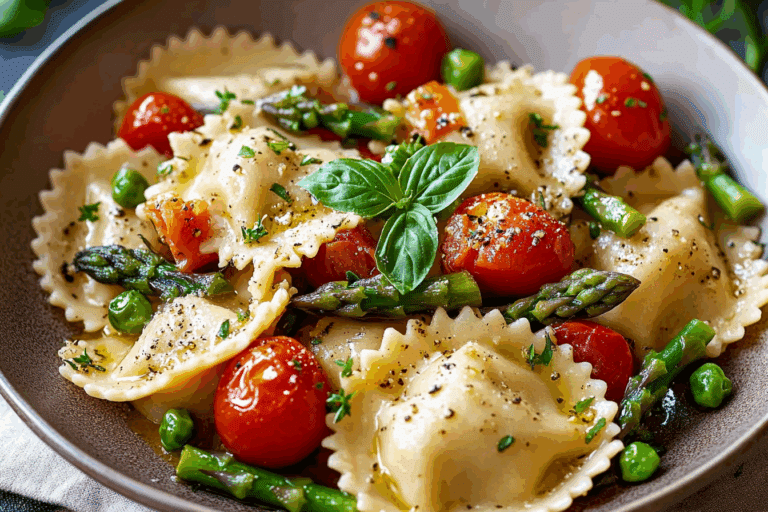 Ravioli with Tomatoes, Asparagus, Garlic, and Herbs