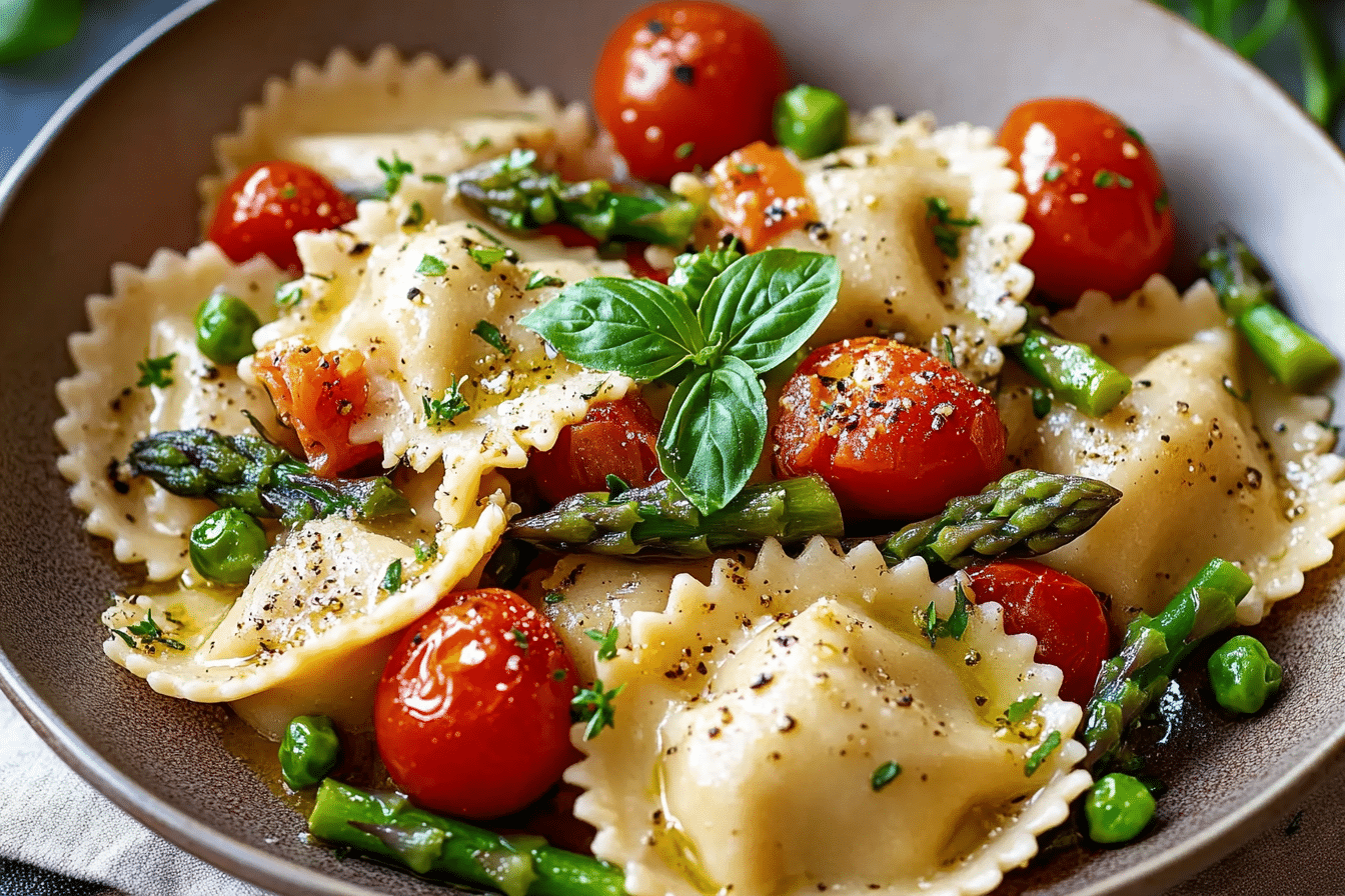 Ravioli with Tomatoes, Asparagus, Garlic, and Herbs