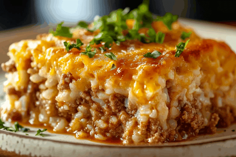 Cheddar-Crusted Ground Beef and Rice Casserole
