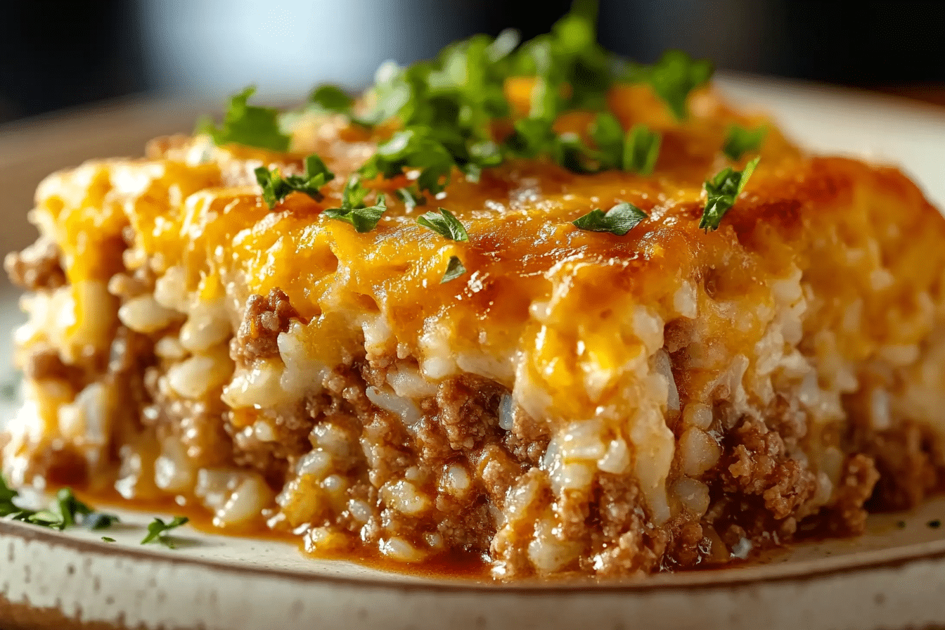 Cheddar-Crusted Ground Beef and Rice Casserole