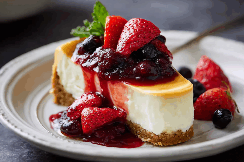 Classic Baked Cheesecake with Berry Sauce