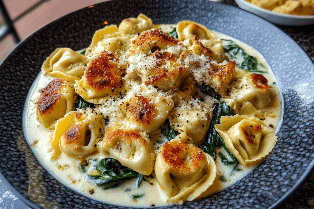 Cheesy Garlic Parmesan Chicken Tortellini with Spinach in Creamy Sauce