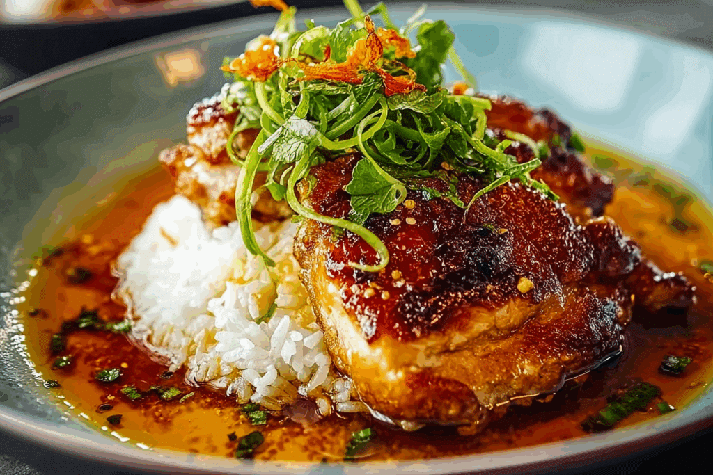 Caramelised Soy Chicken in Garlic Ginger Broth with Rice