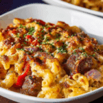 Sausage Mac and Cheese with Peppers and Onions