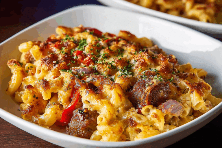 Sausage Mac and Cheese with Peppers and Onions