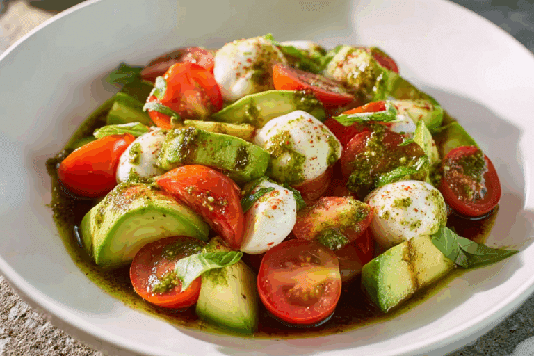 Tomato Cucumber Avocado Salad with Mozzarella & Basil Pesto