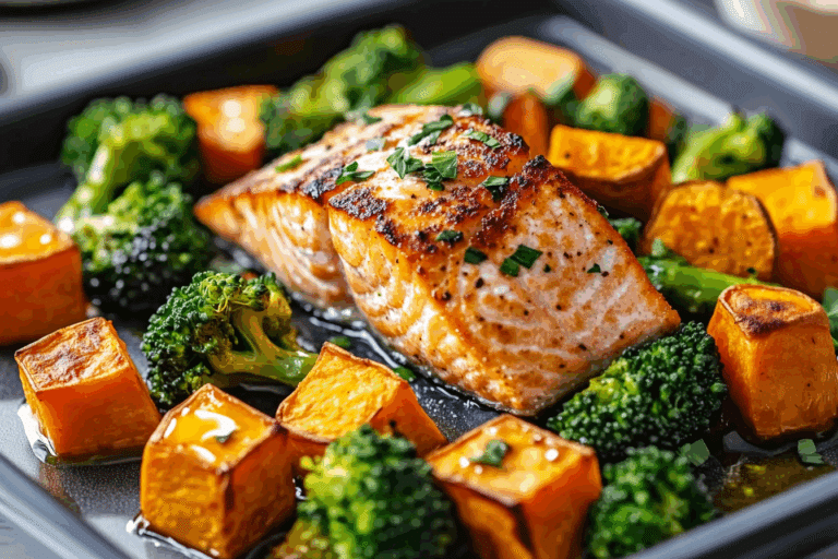 Sheet-Pan Salmon With Sweet Potatoes & Broccoli