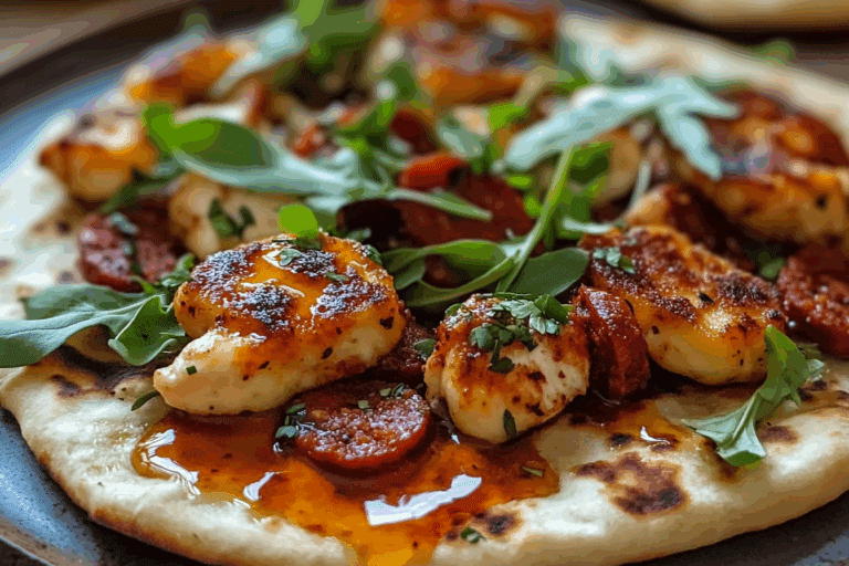Chicken, Chorizo, and Hot Honey Halloumi Flatbreads and Bagels