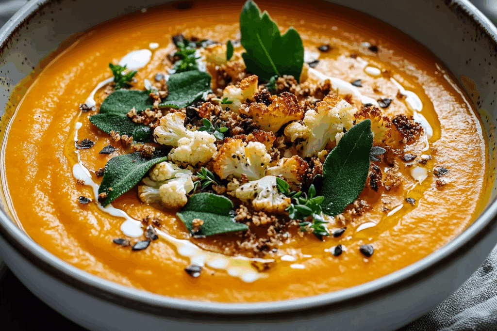 Sweet Potato Soup with Roasted Cauliflower Crumbles