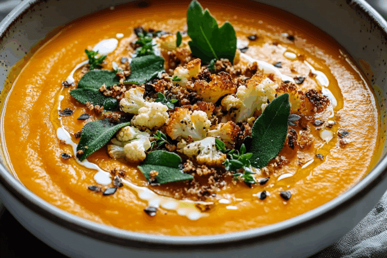 Sweet Potato Soup with Roasted Cauliflower Crumbles