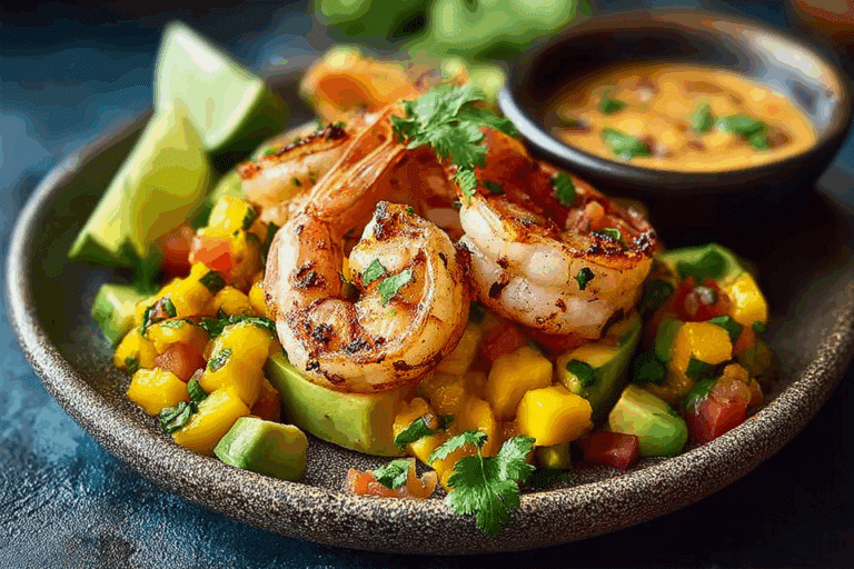 Shrimp and Avocado Bowls with Mango Salsa & Lime-Chili Sauce