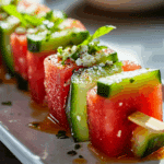 Watermelon-Cucumber-Feta Skewers with Tajín-Lime Splash