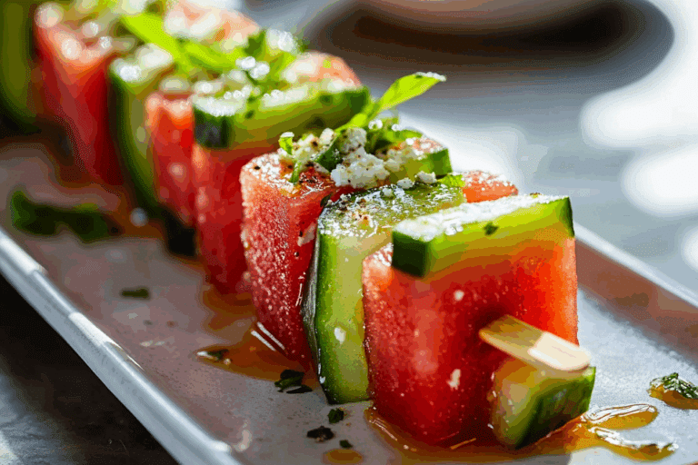 Watermelon-Cucumber-Feta Skewers with Tajín-Lime Splash