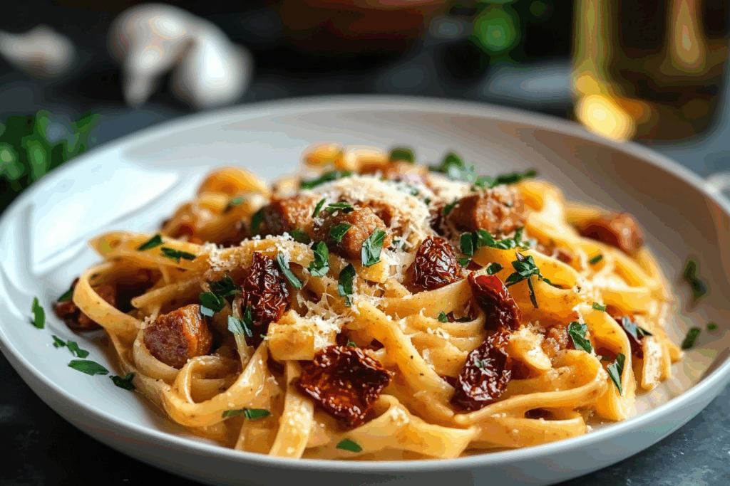 15 Minute Sausage, Chorizo, Sun Dried Tomato and Mozzarella Pasta