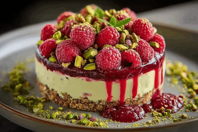 Elegant Pistachio Raspberry Crunch Cheesecake