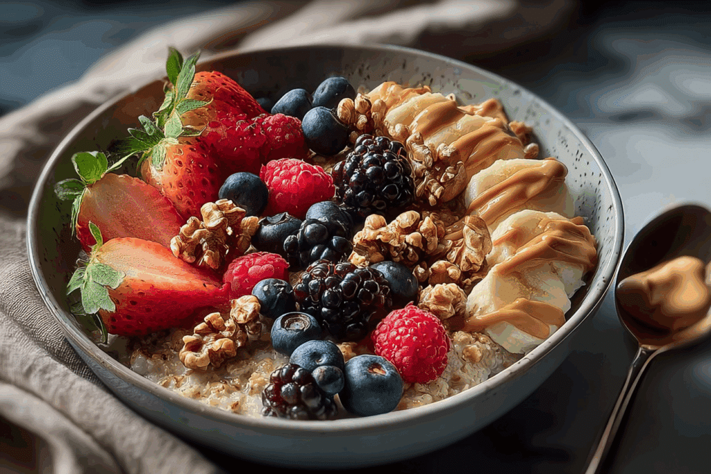 Creamy Oatmeal Bowl with Fruit, Nuts & Peanut Butter