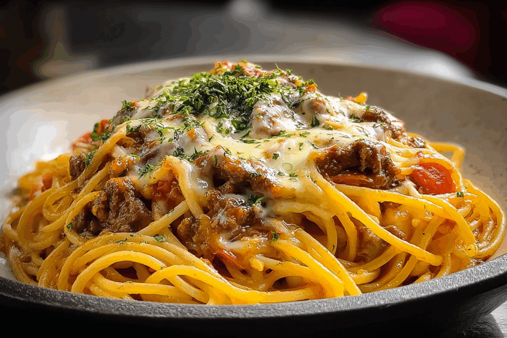 Cajun Beef Spaghetti in Creamy Three-Cheese Parmesan Sauce