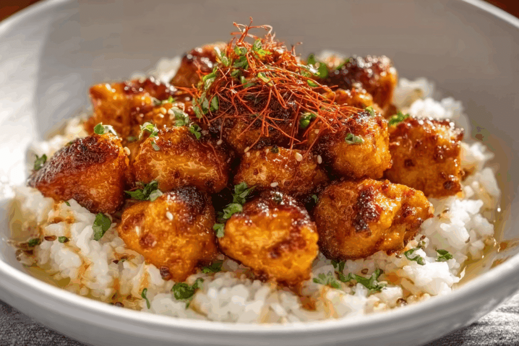 Honey Garlic Chicken Bites Over Creamy Rice