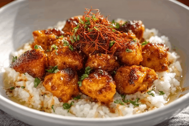 Honey Garlic Chicken Bites Over Creamy Rice