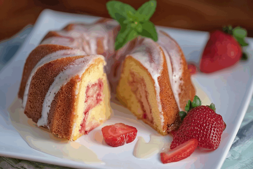 Strawberry Cream Cheese Pound Cake with Vanilla Glaze