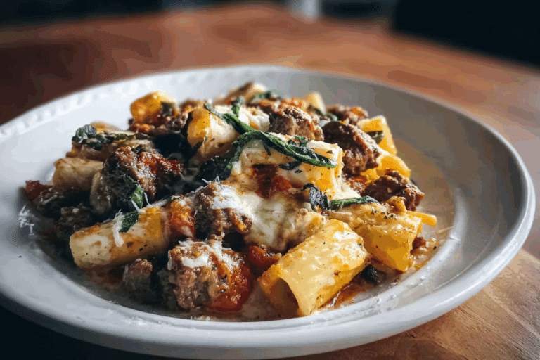 Cheesy Beef and Italian Sausage Rigatoni in Garlic Butter Sauce