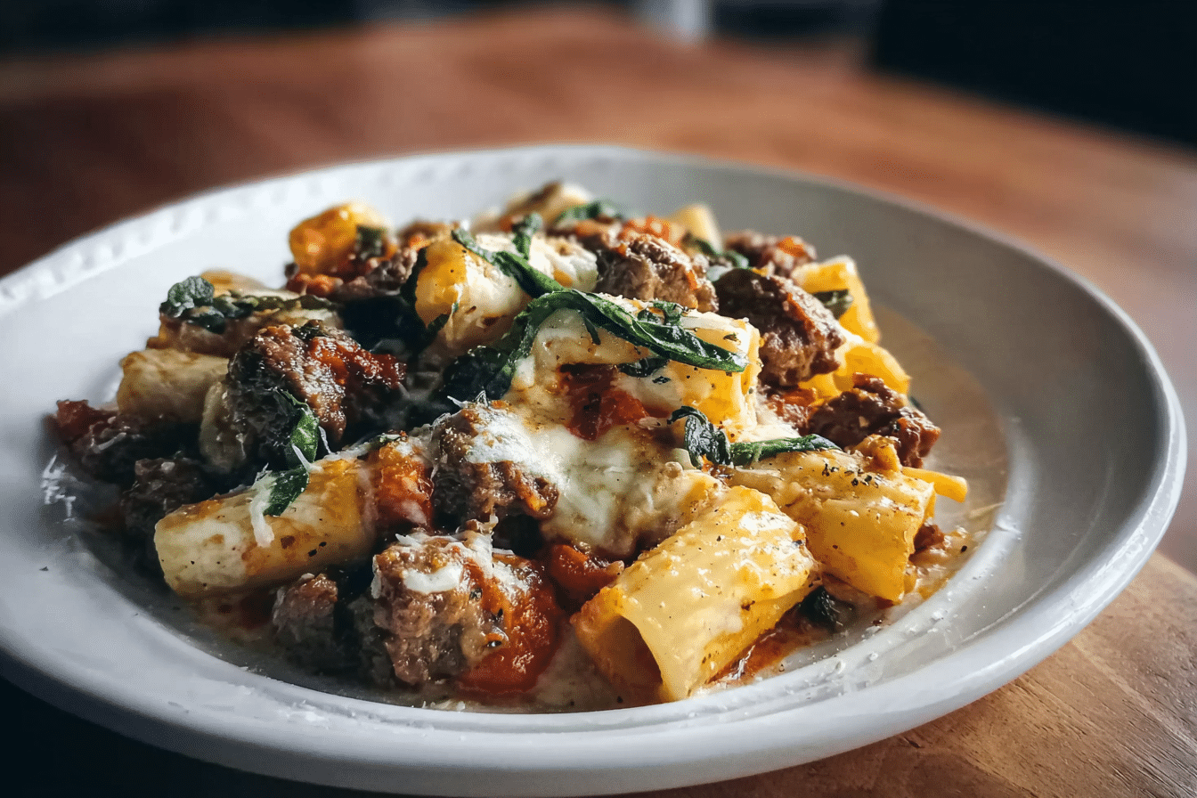 Cheesy Beef and Italian Sausage Rigatoni in Garlic Butter Sauce