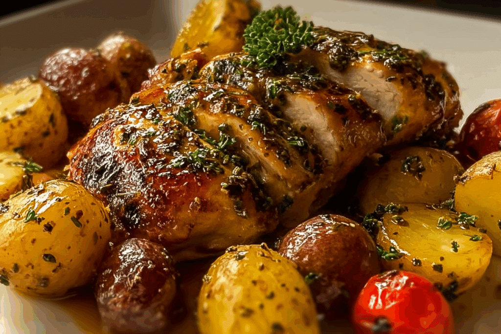 Easy Garlic Herb Roasted Chicken with Baby Potatoes