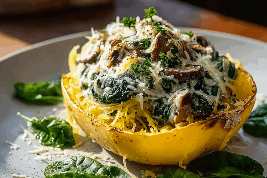 Creamy Spinach and Mushroom Stuffed Spaghetti Squash