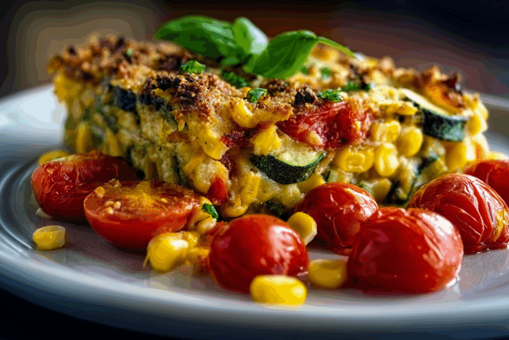 Cheesy Zucchini Corn Tomato Bake with Parmesan Crust