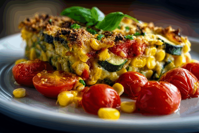 Cheesy Zucchini Corn Tomato Bake with Parmesan Crust