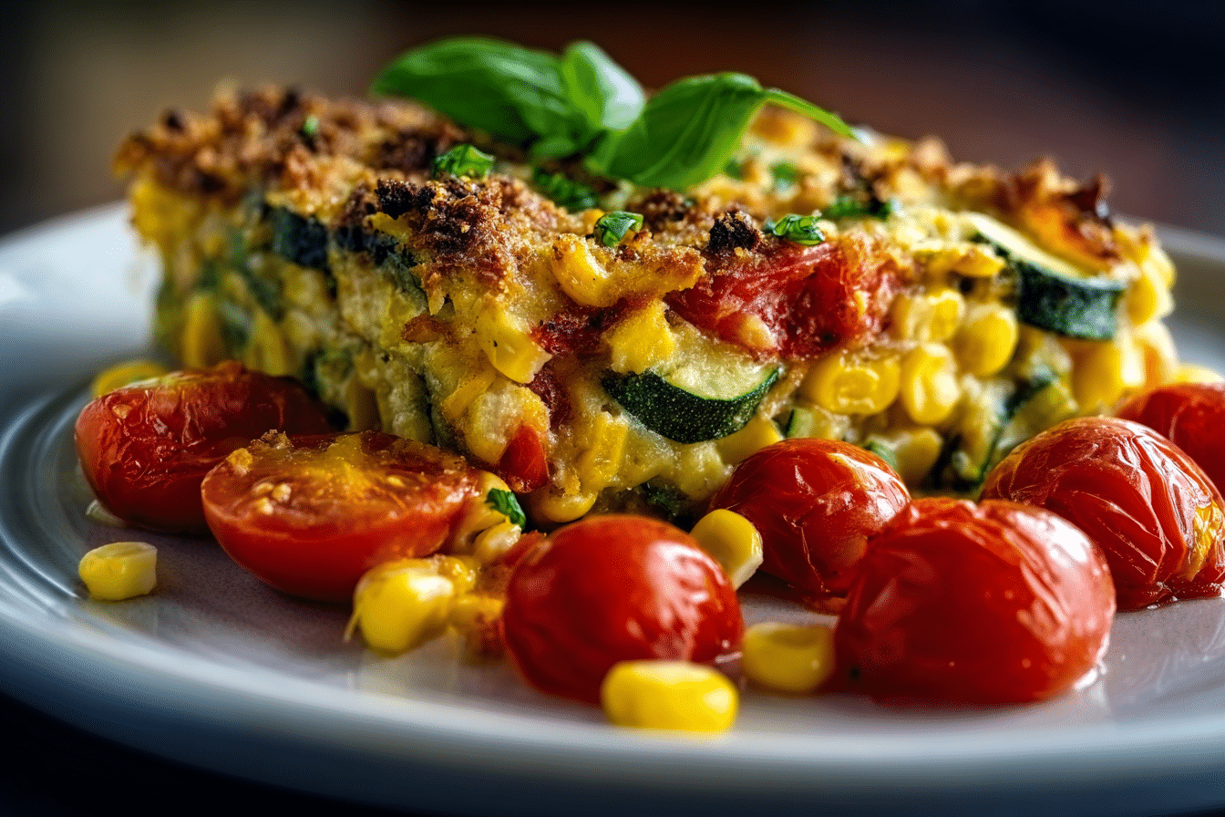 Cheesy Zucchini Corn Tomato Bake with Parmesan Crust